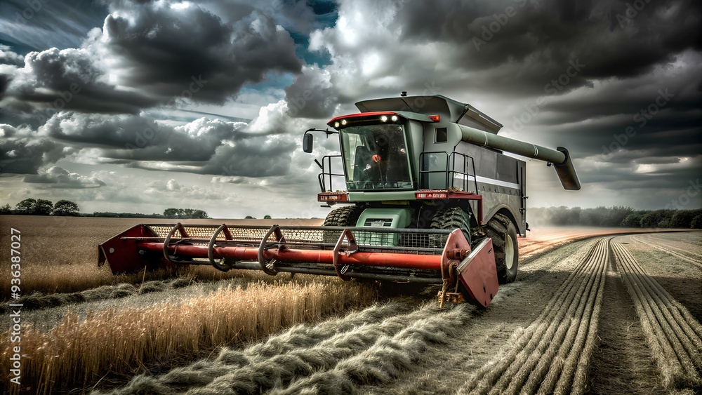 Fototapeta premium a large agricultural machine, specifically a combine harvester, working in a field. The harvester is moving through rows of crops, likely wheat or a similar grain, cutting and collecting them