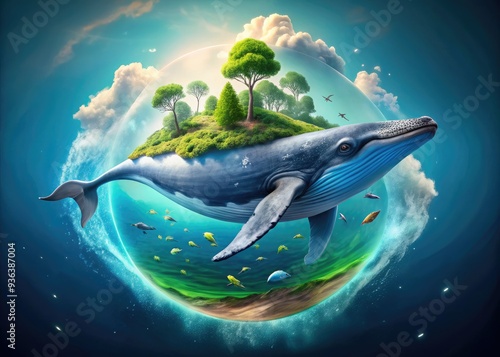 Close-up of a creative design process, illustrating an eco-friendly wildlife logo featuring a whale, advocating for marine conservation and a pollution-free planet, on a digital canvas. photo