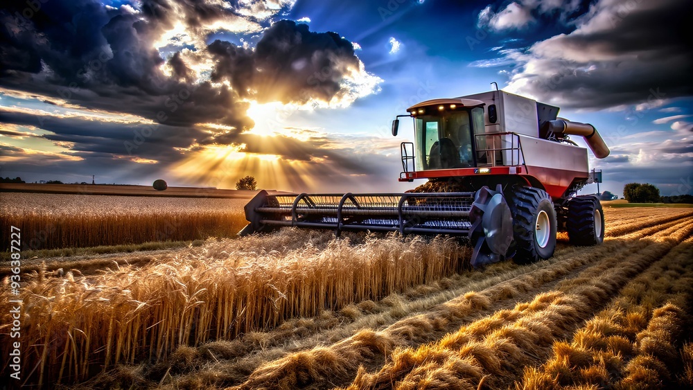 Fototapeta premium a large combine harvester working in a field of golden wheat. The machine is moving through the field, cutting and collecting the wheat as it goes. The sky above is dramatic