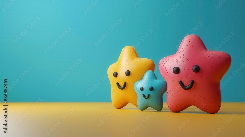 Colorful and cheerful star-shaped toys with smiling faces, perfect for children's decor or playful themes. Colorful and cheerful star-shaped toys with smiling faces, perfect for children's decor or playful themes.