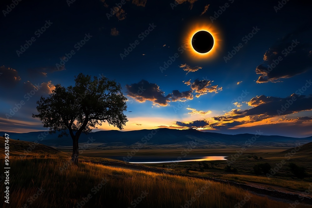 Obraz premium 209. A tranquil landscape with a solar eclipse occurring on the horizon, casting long shadows and bathing the scene in an eerie, twilight glow