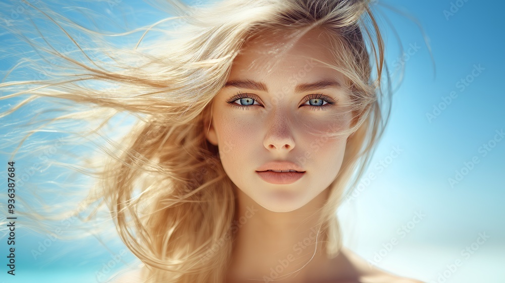A young blonde woman stands at the beach, her hair blowing gently in the breeze. The bright blue sky enhances her captivating blue eyes, creating a serene and beautiful atmosphere. A young blonde woman stands at the beach, her hair blowing gently in the breeze. The bright blue sky enhances her captivating blue eyes, creating a serene and beautiful atmosphere.
