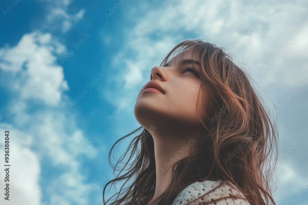 Young teenager girl looking up in the blue sky with hope Young teenager girl looking up in the blue sky with hope