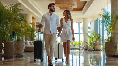 A porter helps a couple as they stroll through a luxurious tropical resort, carrying their luggage with smiles