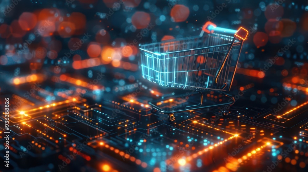 A futuristic digital shopping cart icon amidst a vibrant network of glowing circuits and lights, symbolizing online commerce. A futuristic digital shopping cart icon amidst a vibrant network of glowing circuits and lights, symbolizing online commerce.