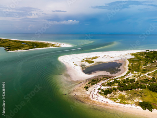 An aerial photos of Honeymoon Island State Park and Caladesi State Park in Dunedin, Florida photo