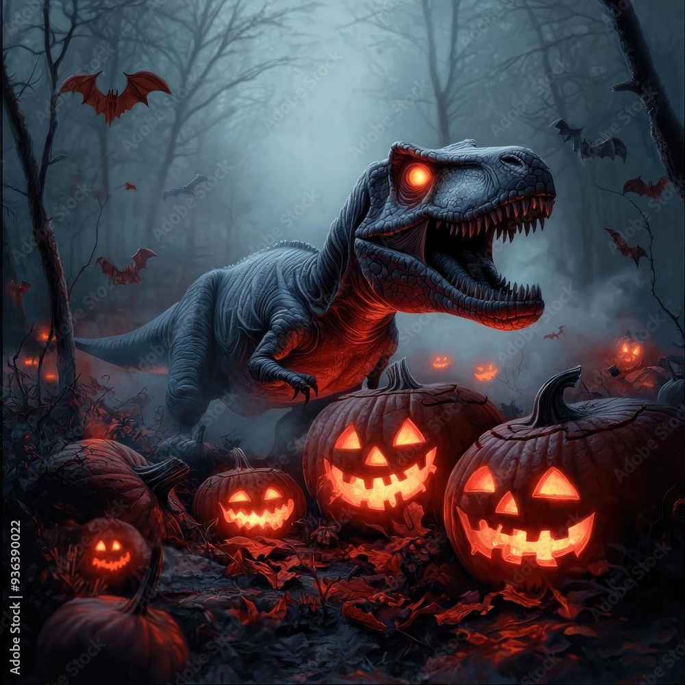 A spooky dinosaur surrounded by glowing jack-o'-lanterns in a dark Halloween forest, perfect for haunting themed visuals. A spooky dinosaur surrounded by glowing jack-o'-lanterns in a dark Halloween forest, perfect for haunting themed visuals.
