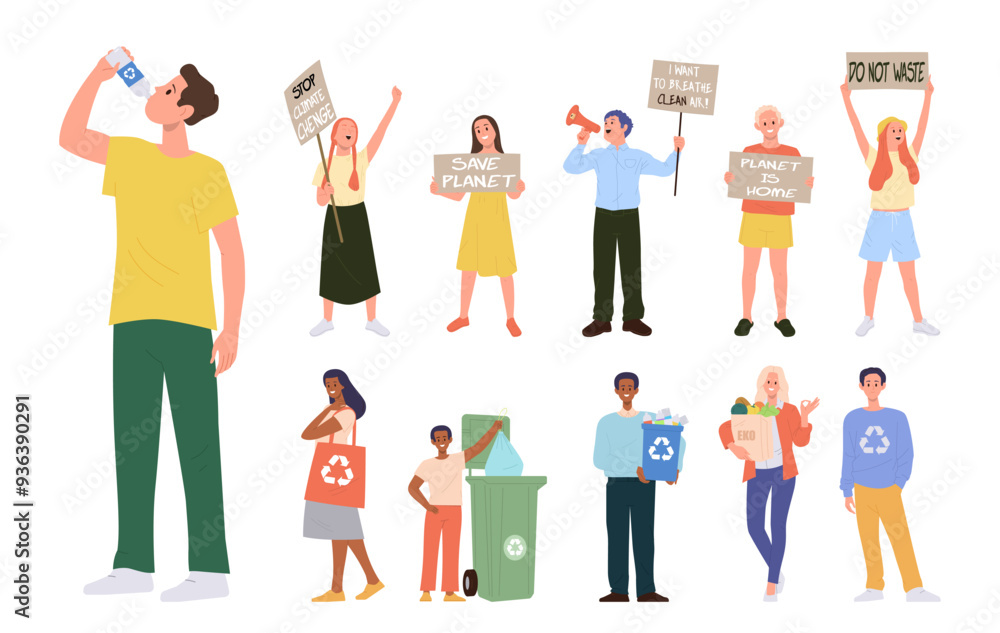 Obraz premium People eco activists with placard participating in strike, sorting waste, using eco-friendly product