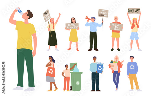 People eco activists with placard participating in strike, sorting waste, using eco-friendly product