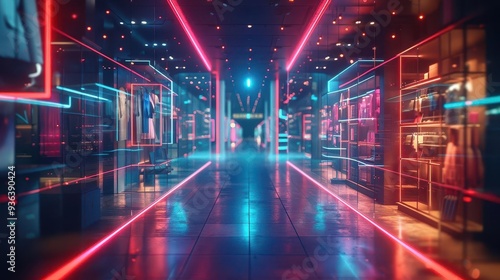 A futuristic hallway illuminated with vibrant neon lights, showcasing a modern and stylish shopping experience.