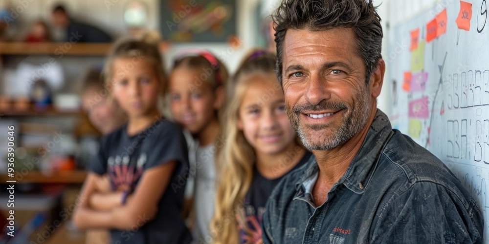 Smiling Man with Daughters in the Background Smiling Man with Daughters in the Background