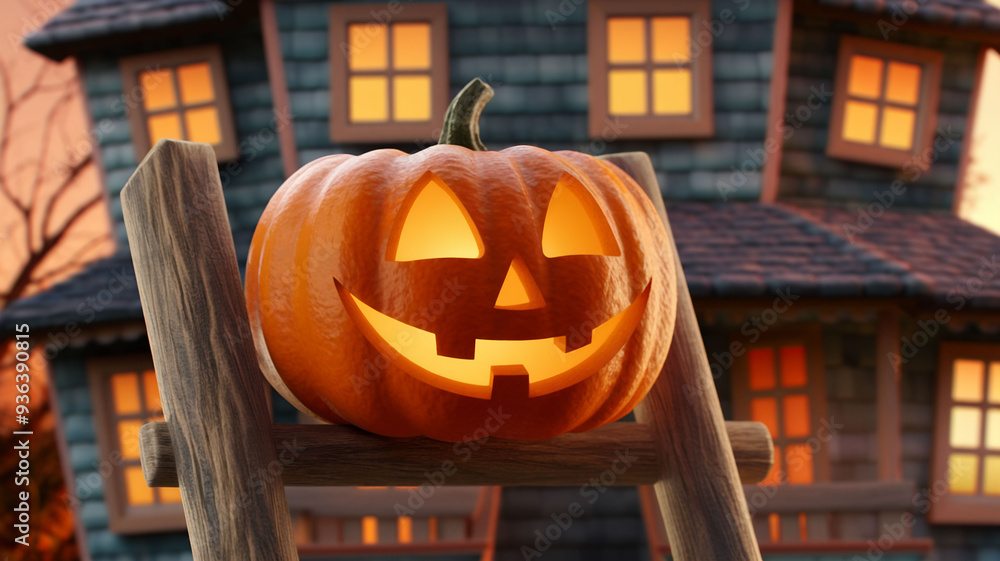 Glowing Jack-O'-Lantern on Ladder with Haunted House Background Glowing Jack-O'-Lantern on Ladder with Haunted House Background