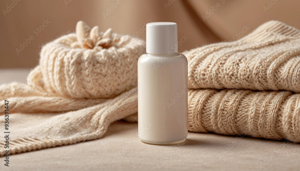 White bottle with lotion, moisturizer on the background of soft and warm beige scarf, sweater. No text. Mockup. Winter skin care. Cosmetics. White bottle with lotion, moisturizer on the background of soft and warm beige scarf, sweater. No text. Mockup. Winter skin care. Cosmetics.