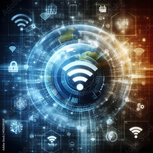 Illustration of wifi icon with electronic connections, concept of Wireless network and connection world