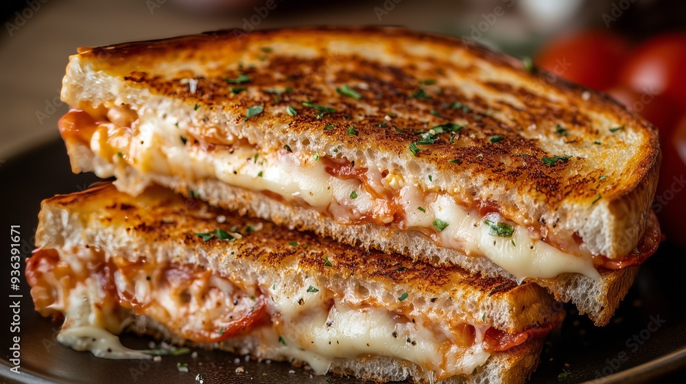 A mouthwatering pizza grilled cheese sandwich showcases melted cheese and savory toppings, served on a plate