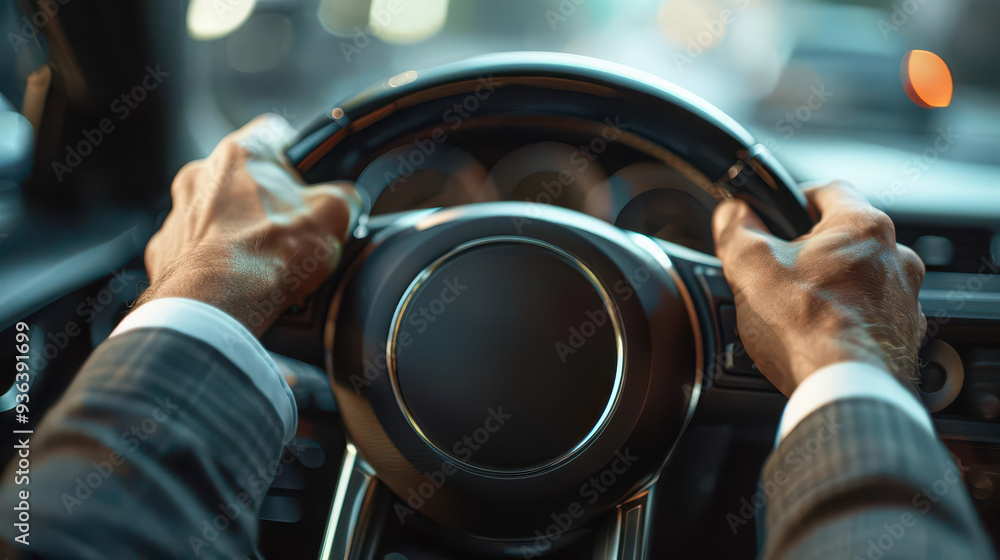 A close-up view of hands gripping a car steering wheel, showcasing the focus and control of driving in a modern vehicle. A close-up view of hands gripping a car steering wheel, showcasing the focus and control of driving in a modern vehicle.