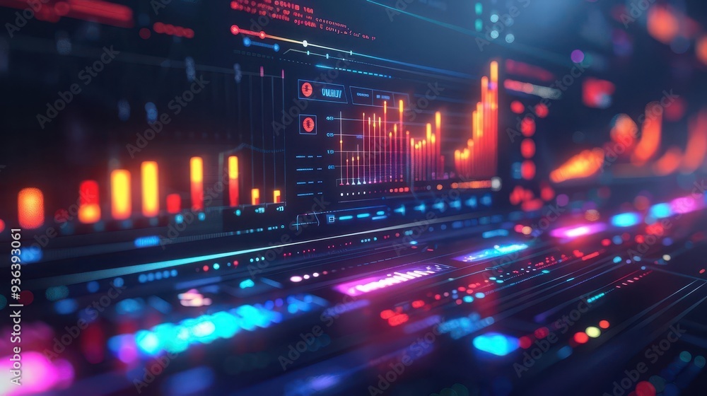 Fototapeta premium Abstract digital interface with colorful data visualizations and graphs, ideal for technology and finance concepts.