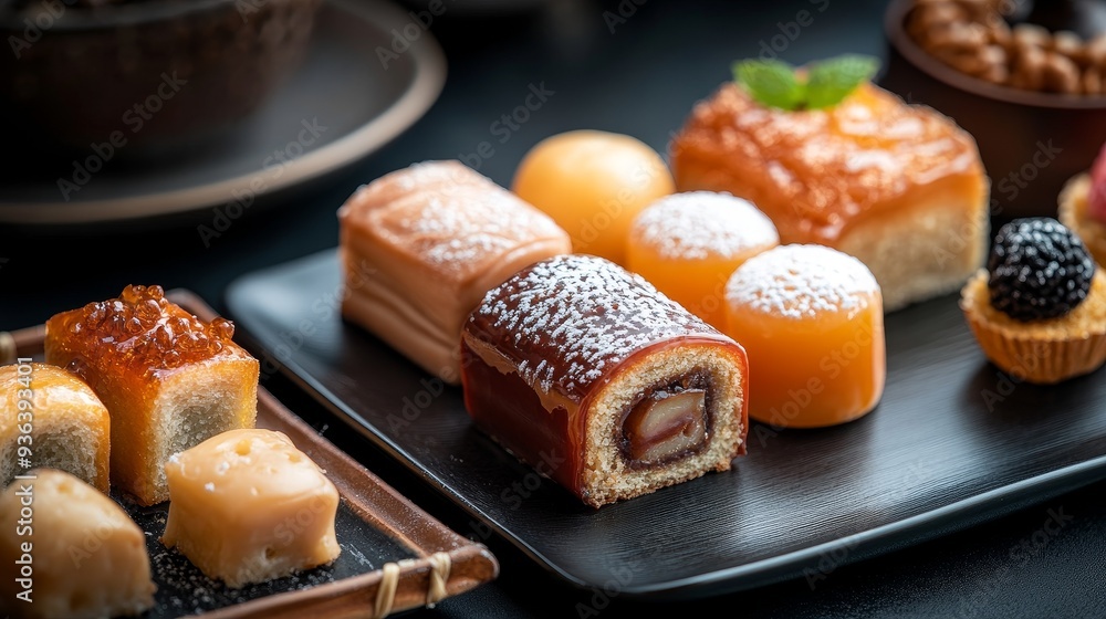 A beautifully arranged platter of assorted desserts showcasing various textures and colors. A beautifully arranged platter of assorted desserts showcasing various textures and colors.