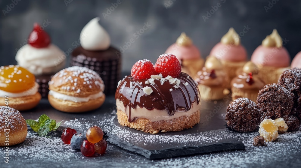 A delightful assortment of desserts featuring cakes, pastries, and chocolates, perfect for a sweet treat or celebration. A delightful assortment of desserts featuring cakes, pastries, and chocolates, perfect for a sweet treat or celebration.