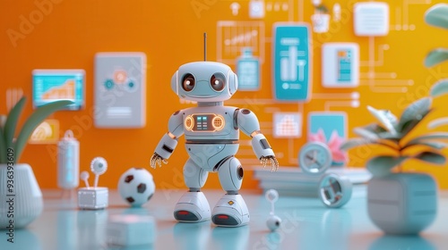 Wallpaper Mural Charming robot standing in a colorful environment with plants and gadgets, symbolizing technology and creativity. Torontodigital.ca