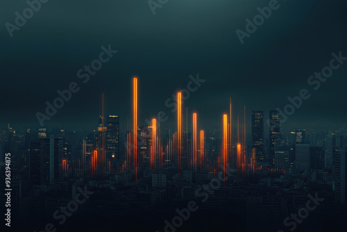 Cityscape overlaid with glowing budget charts, showing the relationship between fiscal policy and urban prosperity, budget control, economic growth