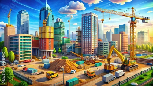 Colorful 3D illustration of a bustling construction site with cranes, excavators, and buildings in various stages of development amidst a cityscape background. photo