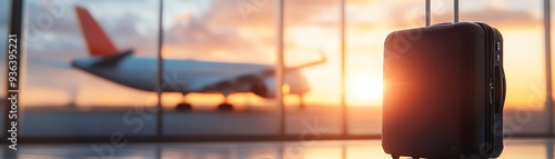 A suitcase awaits by the window, contrasting with an airplane and a stunning sunset, evoking travel dreams and adventure. photo