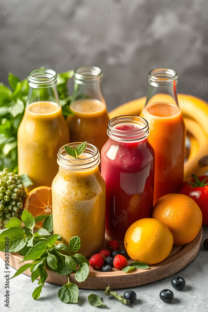 A vibrant display of five glass bottles filled with colorful smoothies and juices, surrounded by fresh fruits and herbs. The drinks include shades of yellow, orange, red, and green. A vibrant display of five glass bottles filled with colorful smoothies and juices, surrounded by fresh fruits and herbs. The drinks include shades of yellow, orange, red, and green.