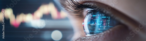 Close-up of a human eye reflecting digital data and stock market trends, symbolizing financial analysis and technology integration.