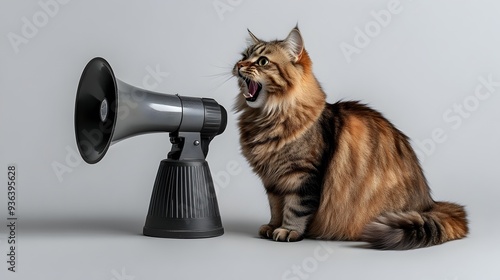 Majestic Maine Cat Posing with Megaphone on Pristine White Background photo