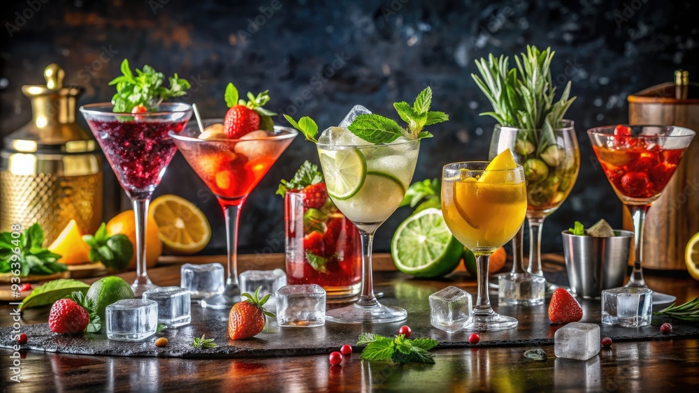 Colorful array of craft cocktails, including mojitos, martinis, and cosmopolitans, garnished with fresh fruits and herbs, sit chilling on a sleek bar counter amidst scattered ice cubes. Colorful array of craft cocktails, including mojitos, martinis, and cosmopolitans, garnished with fresh fruits and herbs, sit chilling on a sleek bar counter amidst scattered ice cubes.