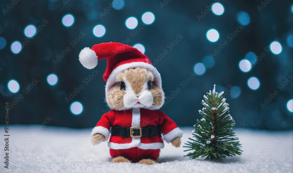 A plush toy squirrel wearing a Santa hat stands on a snowy surface in front of a small pine tree A plush toy squirrel wearing a Santa hat stands on a snowy surface in front of a small pine tree