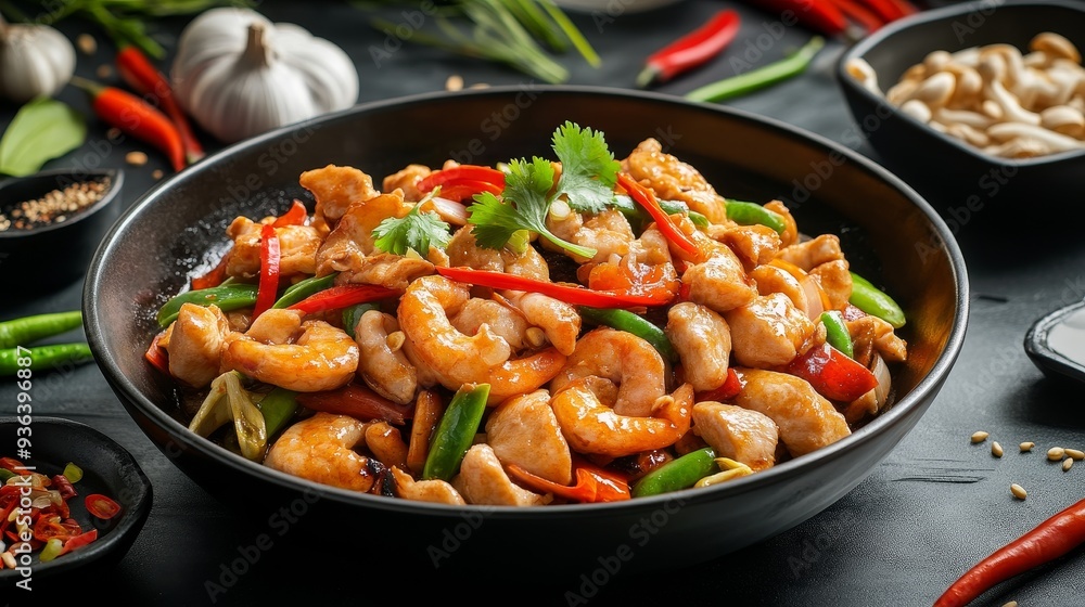 A vibrant dish featuring shrimp, chicken, and colorful vegetables garnished with cilantro, showcasing a delicious Asian cuisine. A vibrant dish featuring shrimp, chicken, and colorful vegetables garnished with cilantro, showcasing a delicious Asian cuisine.