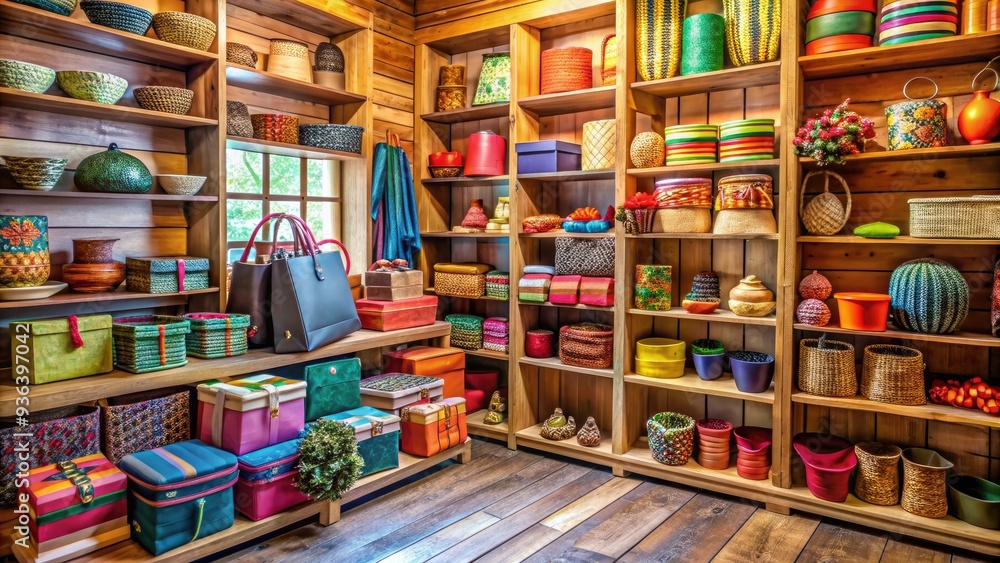Colorful array of neatly stacked boxes, bags, and souvenirs on shelves in a cozy, well-lit gift shop with rustic wooden accents and decorative trim. Colorful array of neatly stacked boxes, bags, and souvenirs on shelves in a cozy, well-lit gift shop with rustic wooden accents and decorative trim.