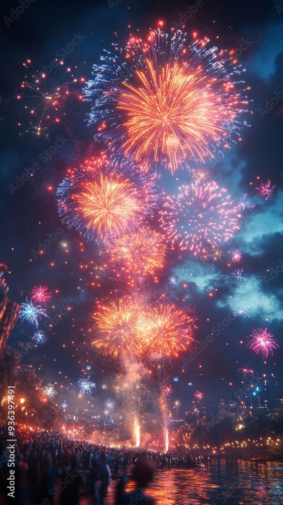 Spectacular new year's eve fireworks light up the night sky, drawing a lively crowd near the water. Spectacular new year's eve fireworks light up the night sky, drawing a lively crowd near the water.