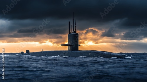 Powerful Nuclear Submarine Conning Tower Emerging from Stormy Ocean