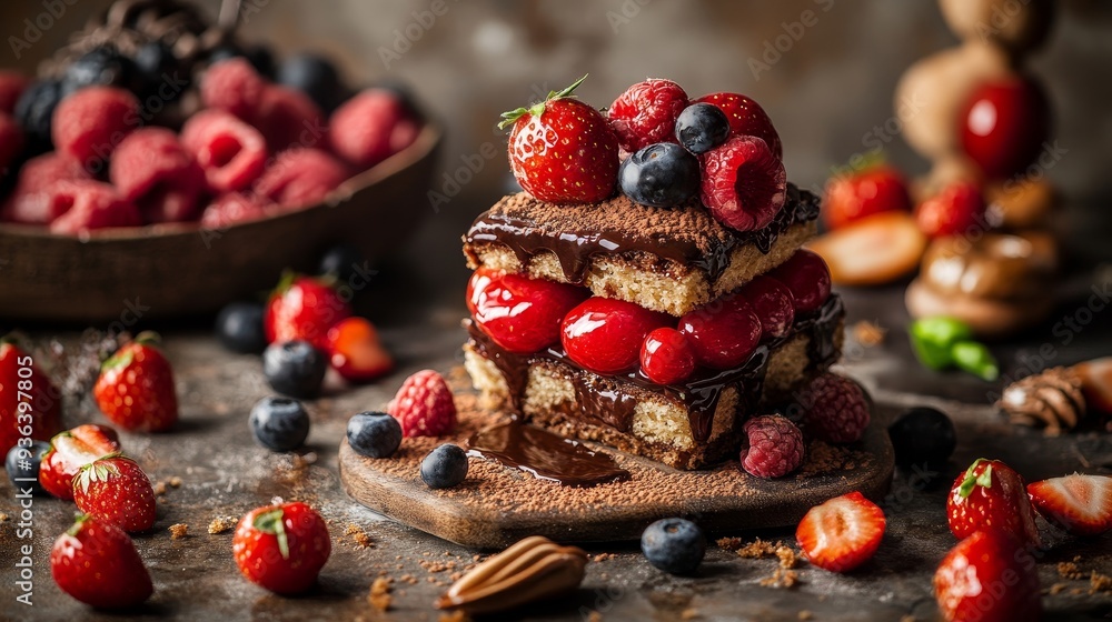 Obraz premium A delicious layered dessert topped with fresh berries, showcasing indulgence and culinary art.