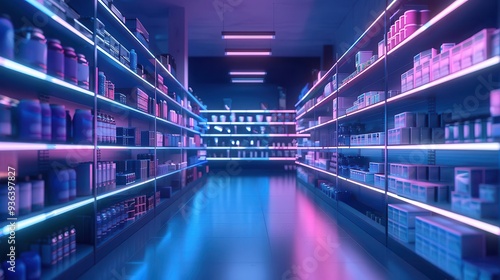 Vibrant and modern pharmacy aisle illuminated with neon lights showcasing a variety of cosmetic and health products. photo