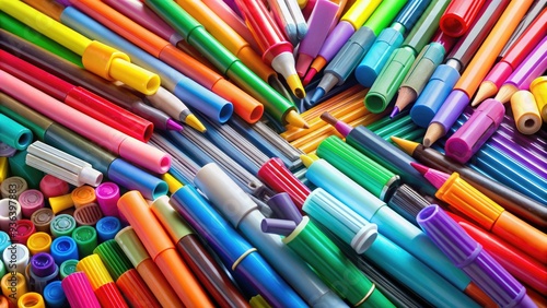 Colorful assortment of pens, pencils, and markers stacked haphazardly, with some leaning against each other, others lying horizontally, and a few rolling away.