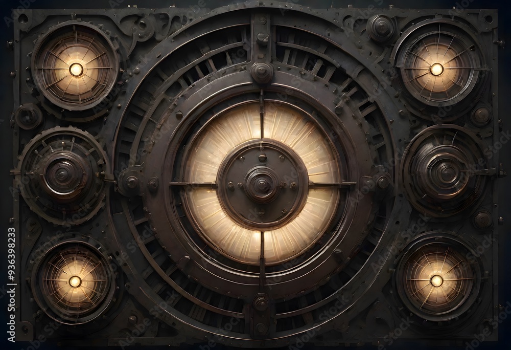 Obraz premium Steampunk inspired mechanical device featuring multiple glowing lights arranged in a circular pattern, creating a vintage and industrial aesthetic, Generative AI.