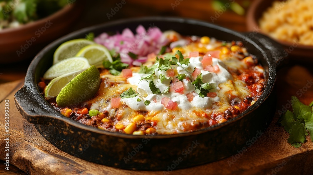 A delicious dish featuring melted cheese, beans, corn, and fresh toppings served in a sizzling skillet. A delicious dish featuring melted cheese, beans, corn, and fresh toppings served in a sizzling skillet.