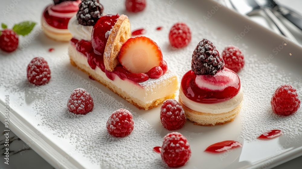 A beautifully plated dessert featuring layers of cream, fruit, and raspberry sauce, garnished with fresh berries. A beautifully plated dessert featuring layers of cream, fruit, and raspberry sauce, garnished with fresh berries.