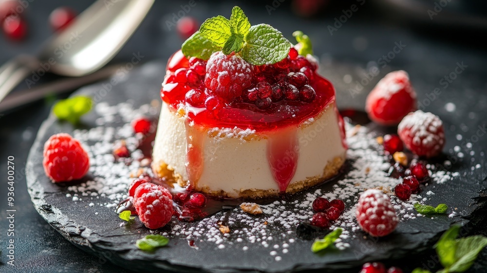 A delicious cheesecake topped with berry sauce and fresh raspberries, elegantly presented on a dark slate plate. A delicious cheesecake topped with berry sauce and fresh raspberries, elegantly presented on a dark slate plate.