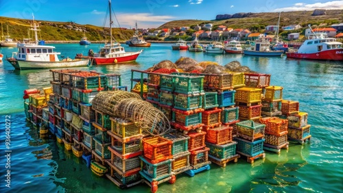 Colorful crayfish traps stacked on fishing trawlers in Saldanha Bay harbor, showcasing the bustling seafood industry in this picturesque South African coastal town. photo