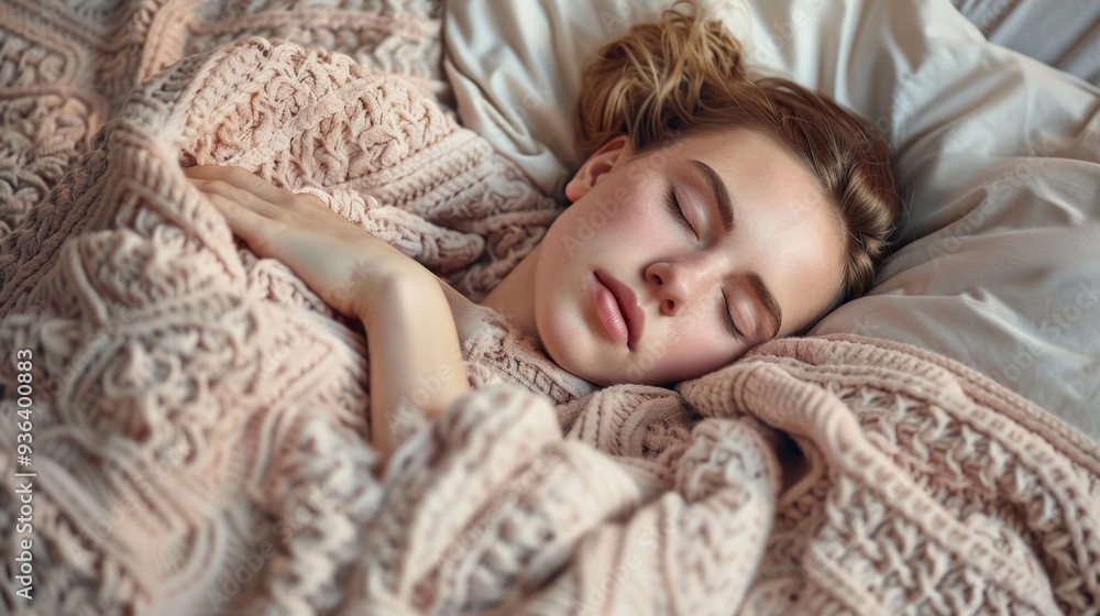 Wrapped in a soft, textured blanket, a woman enjoys a peaceful slumber in her cozy bedroom, radiating tranquility and comfort amidst a serene atmosphere Wrapped in a soft, textured blanket, a woman enjoys a peaceful slumber in her cozy bedroom, radiating tranquility and comfort amidst a serene atmosphere