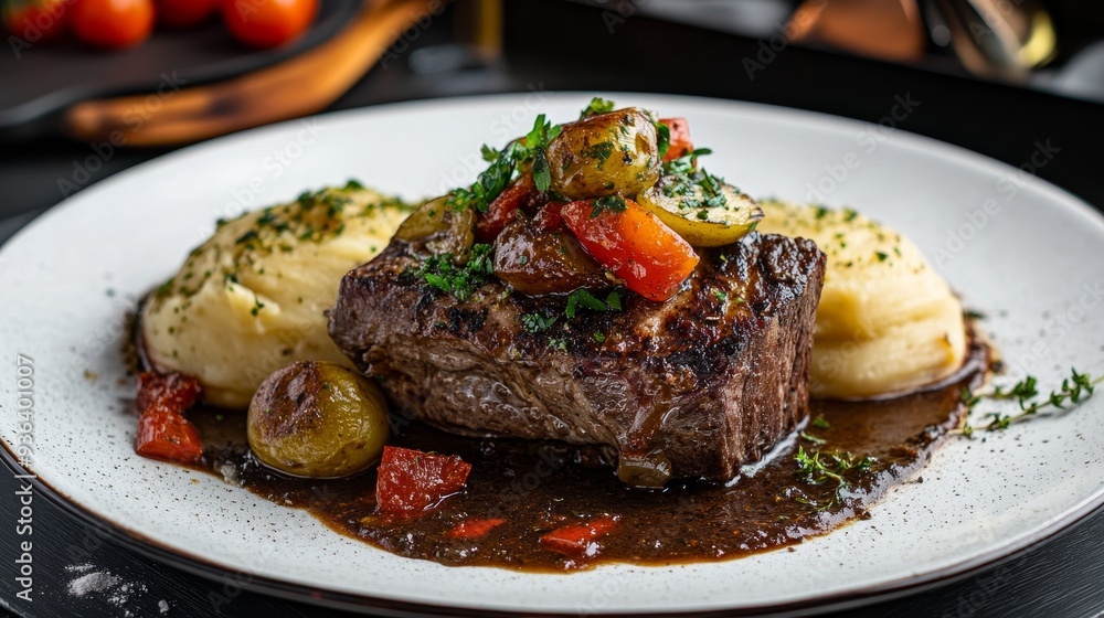 A delicious plate featuring grilled meat with sauce, garnished with vegetables, served with creamy mashed potatoes. A delicious plate featuring grilled meat with sauce, garnished with vegetables, served with creamy mashed potatoes.