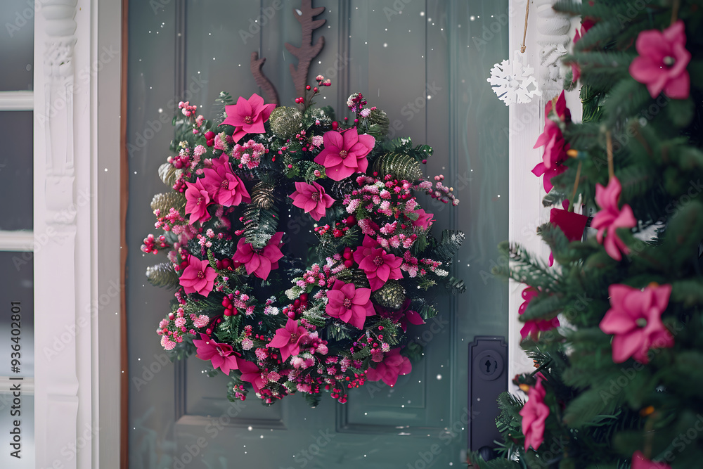 Naklejka premium A vibrant wreath of pink flowers decorates a front door