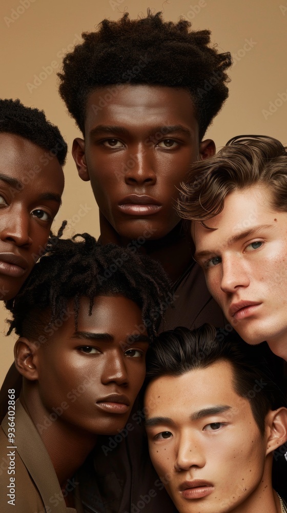 Obraz premium This captivating beauty campaign features five male models, each expressing unique styles and features that celebrate diversity and modern masculinity in a harmonious ensemble