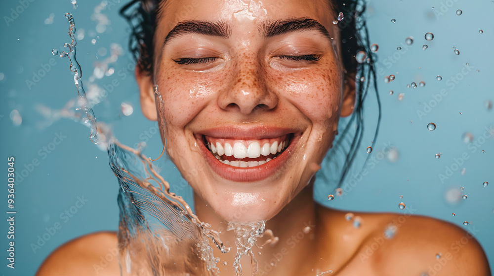 African American Woman with Freckles Splashing Water on Her Face, Set Against a Bright blue Blank Background, Perfect for Wellness Advertising, Lifestyle Blogs, and Inclusive Marketing African American Woman with Freckles Splashing Water on Her Face, Set Against a Bright blue Blank Background, Perfect for Wellness Advertising, Lifestyle Blogs, and Inclusive Marketing