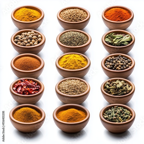 set of bowls with various types of spices isolated